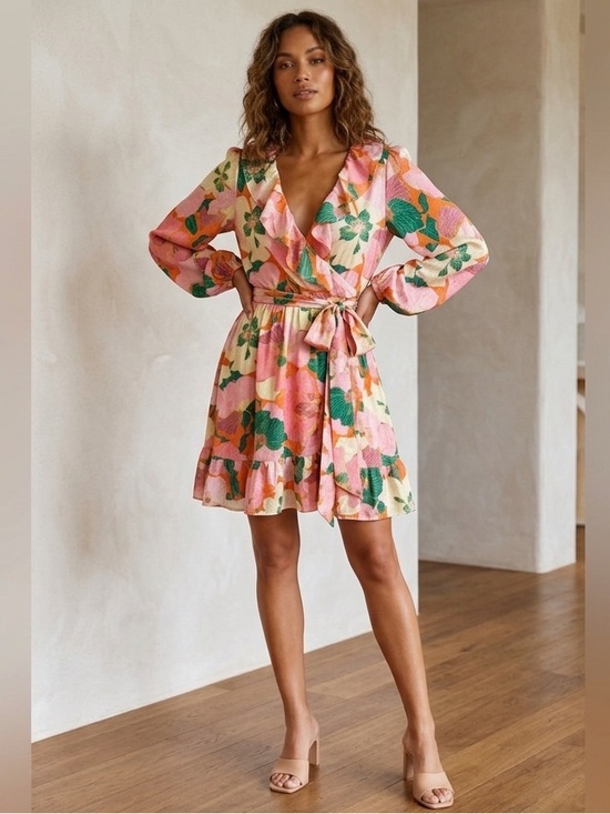 Taylor Dresses & Skirts - NWT Taylor Garden Botanical Pink Dahlia Faux Wrap w/ Tie Cottagecore Dress  8
